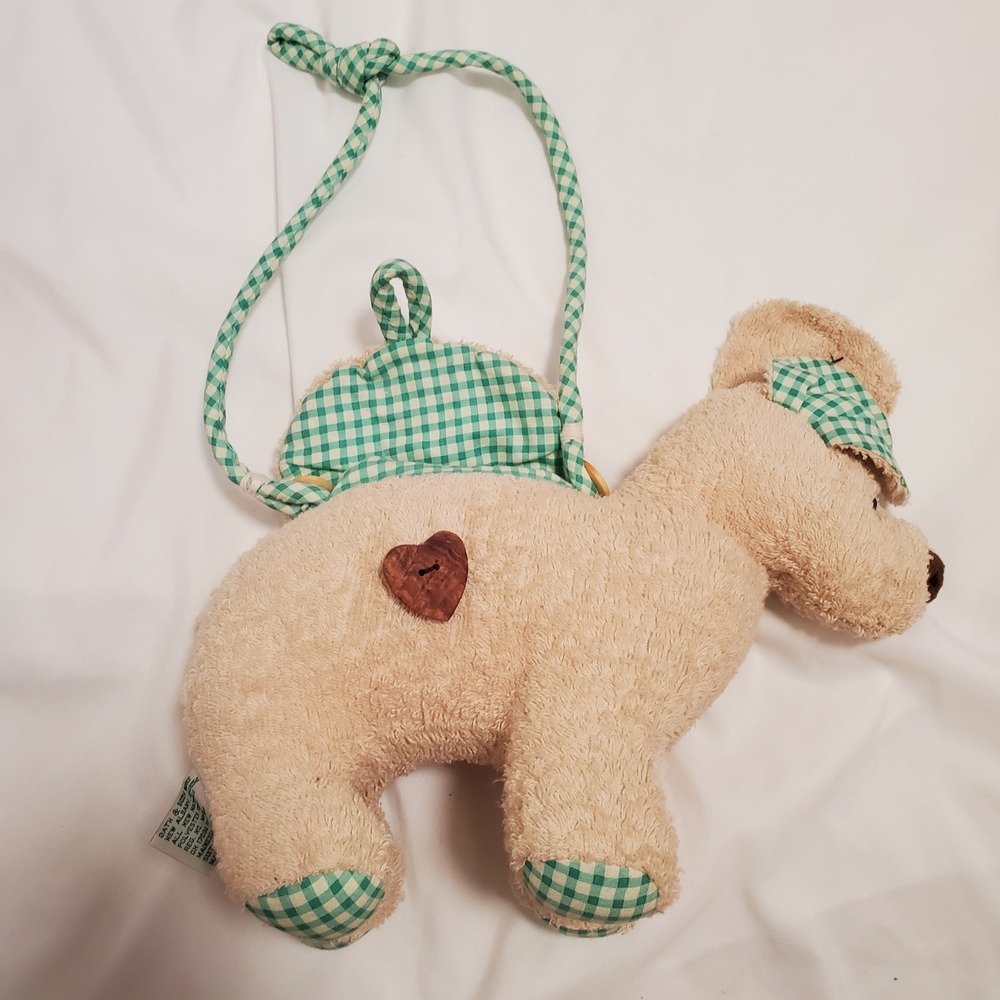 Vintage Bath & Body Works Plush Dog Purse Tan Gingham Heart Button Y2K Bag